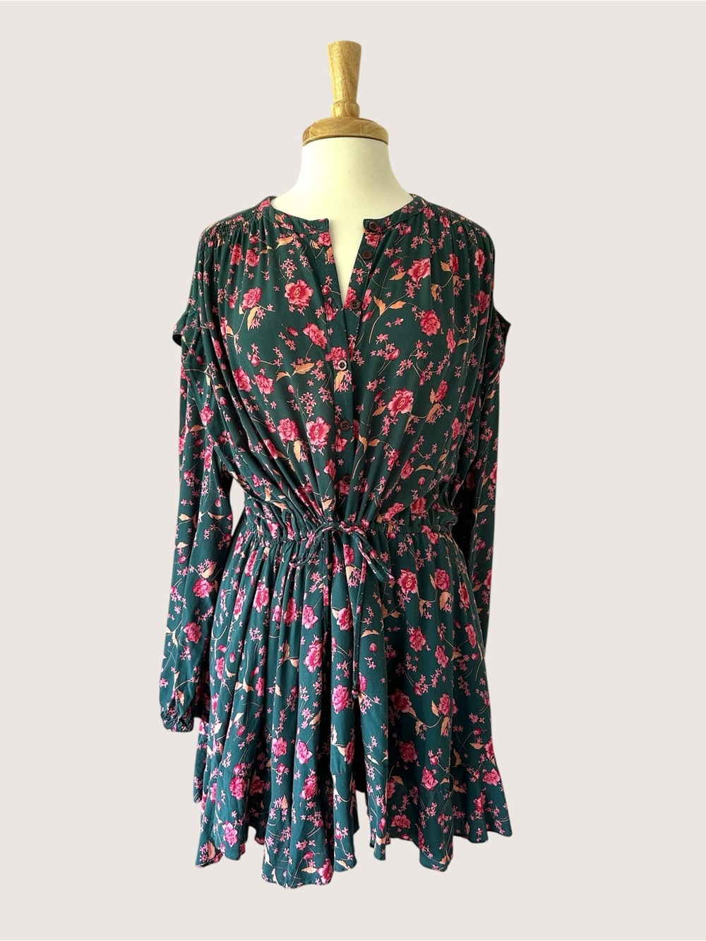 Free People Floral Boho Mini Dress Green Pink Long Sleeve Tie Waist Size S